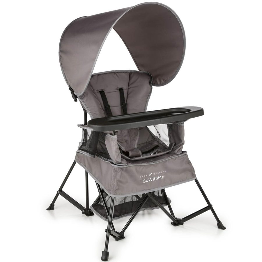 Baby Delight Go With Me Uplift Deluxe Portable High Chair in gray with sun canopy and tray