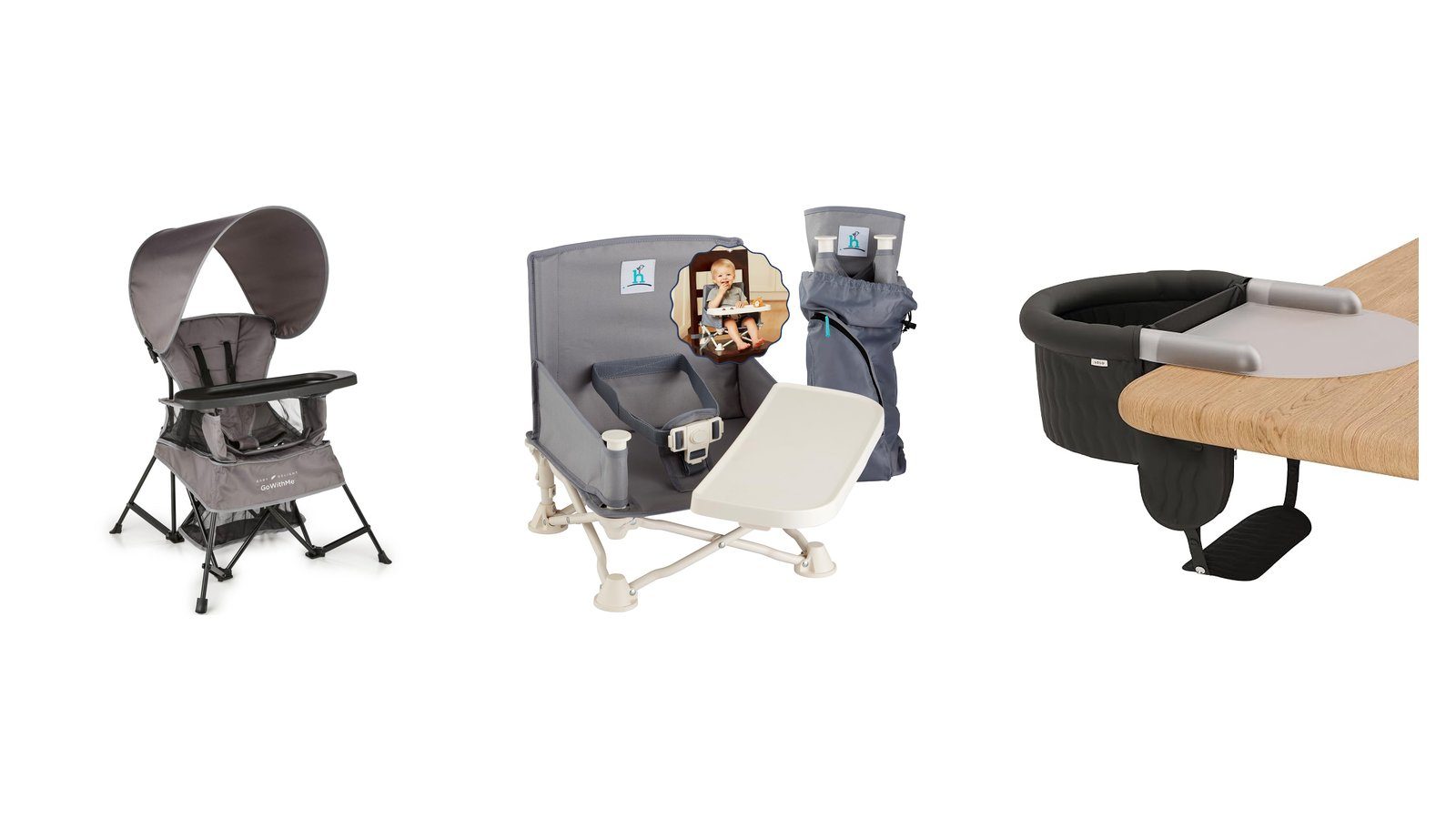 Three portable high chair styles for camping: a standalone camp high chair with canopy, a folding ground booster with tray, and a hook-on chair clamped to a table