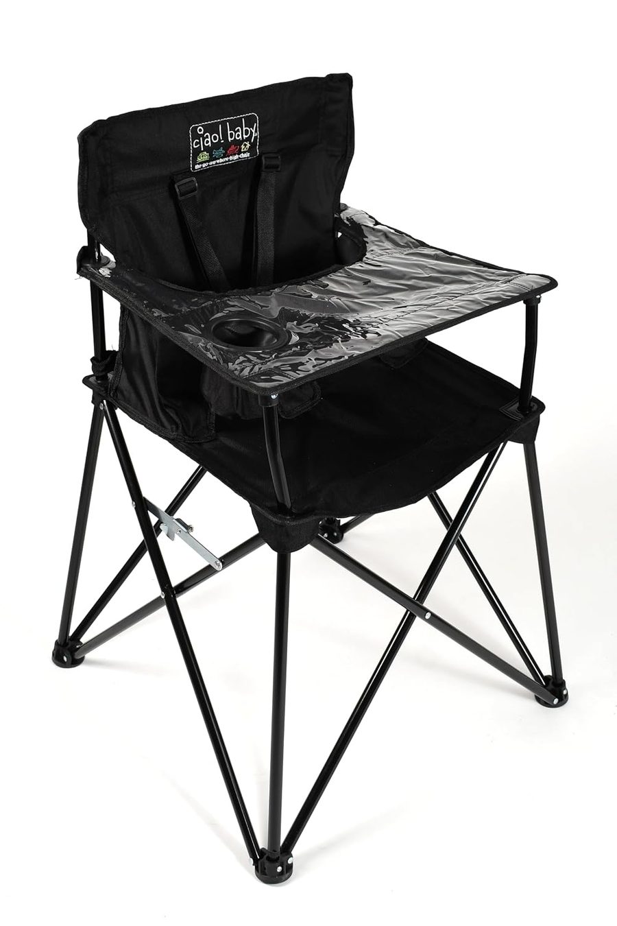 ciao! baby Portable High Chair in black with clear vinyl tray and cup holder