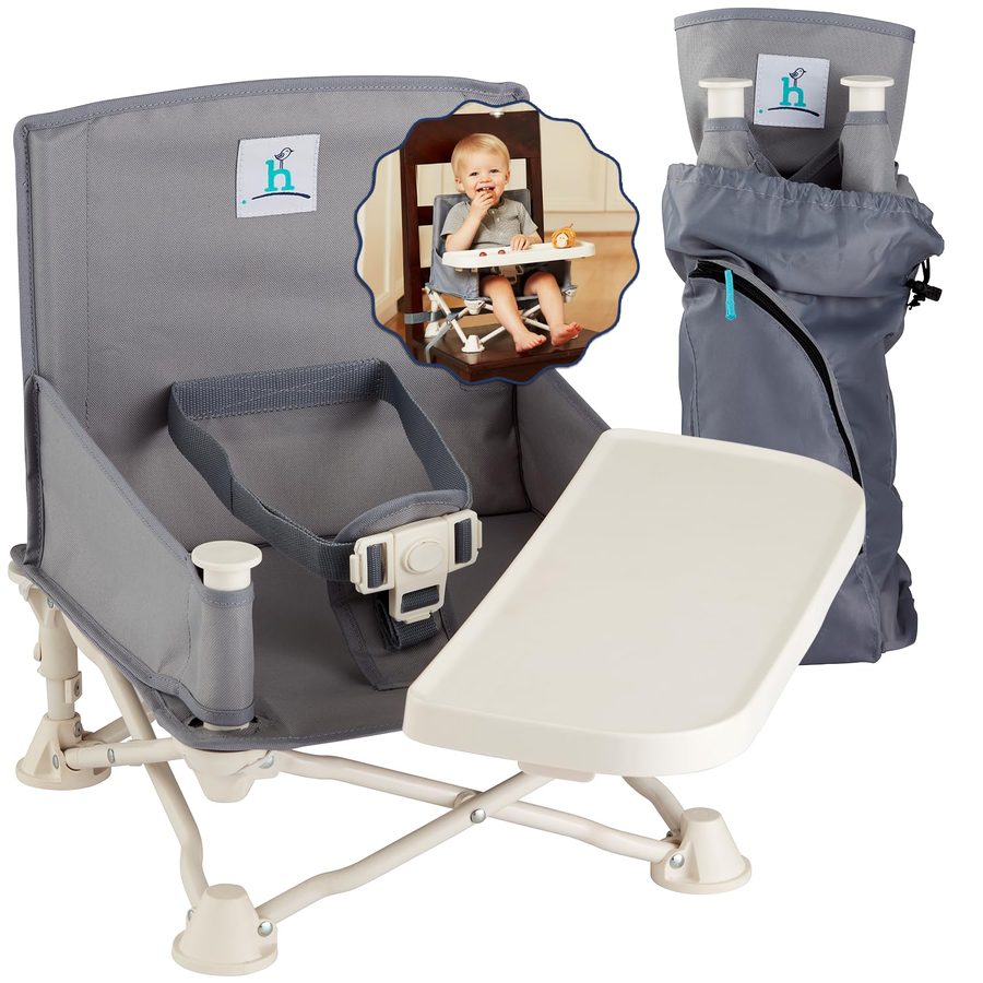 hiccapop OmniBoost travel booster seat in gray with swivel tray and carry bag