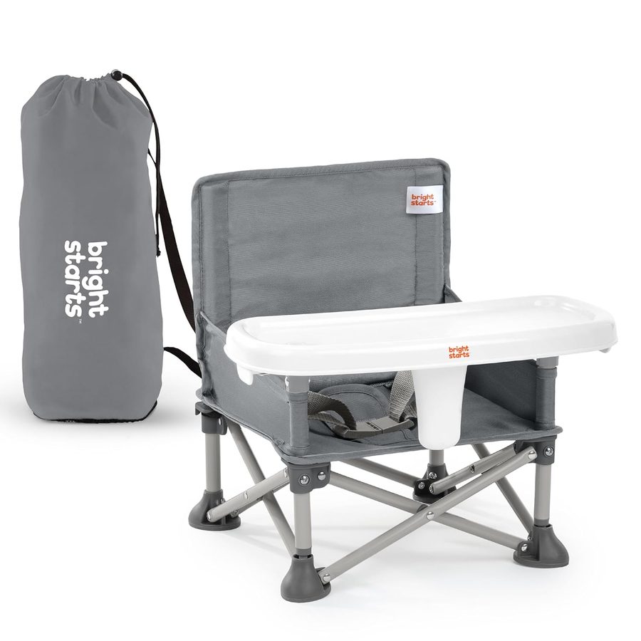 Pop 'N Sit portable booster in gray with white tray and drawstring carry bag